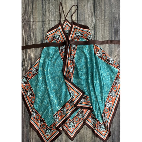 **SOLD** Blue Brown Satin Scarf Dress S M - Picture 5 of 8